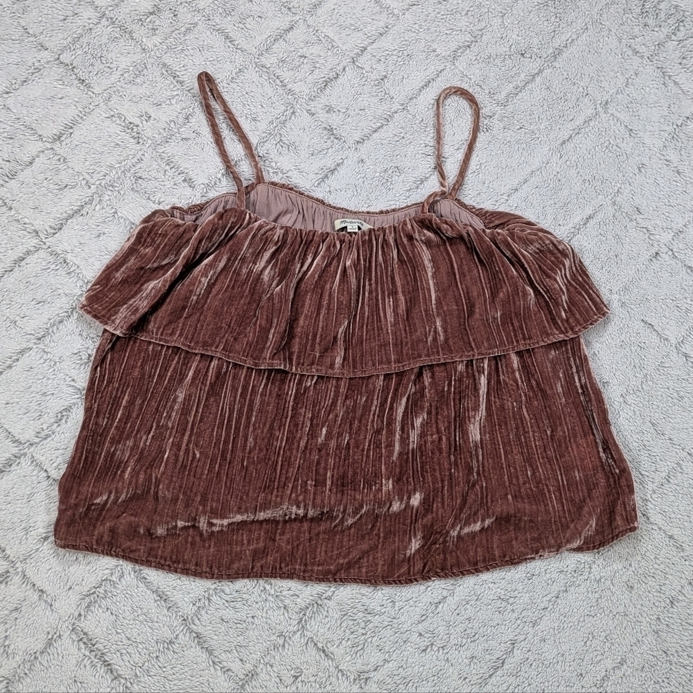 Madewell Top Women's S Pink Rose Crushed Velvet Ruffle Cami Sleeveless